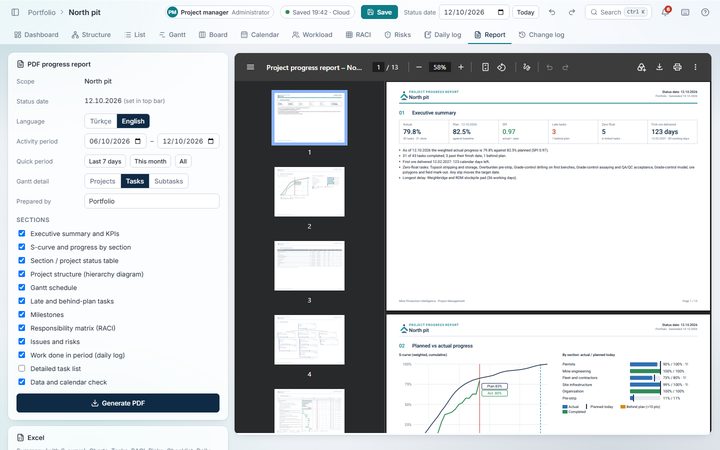 Report view: PDF progress report with selected sections and its preview